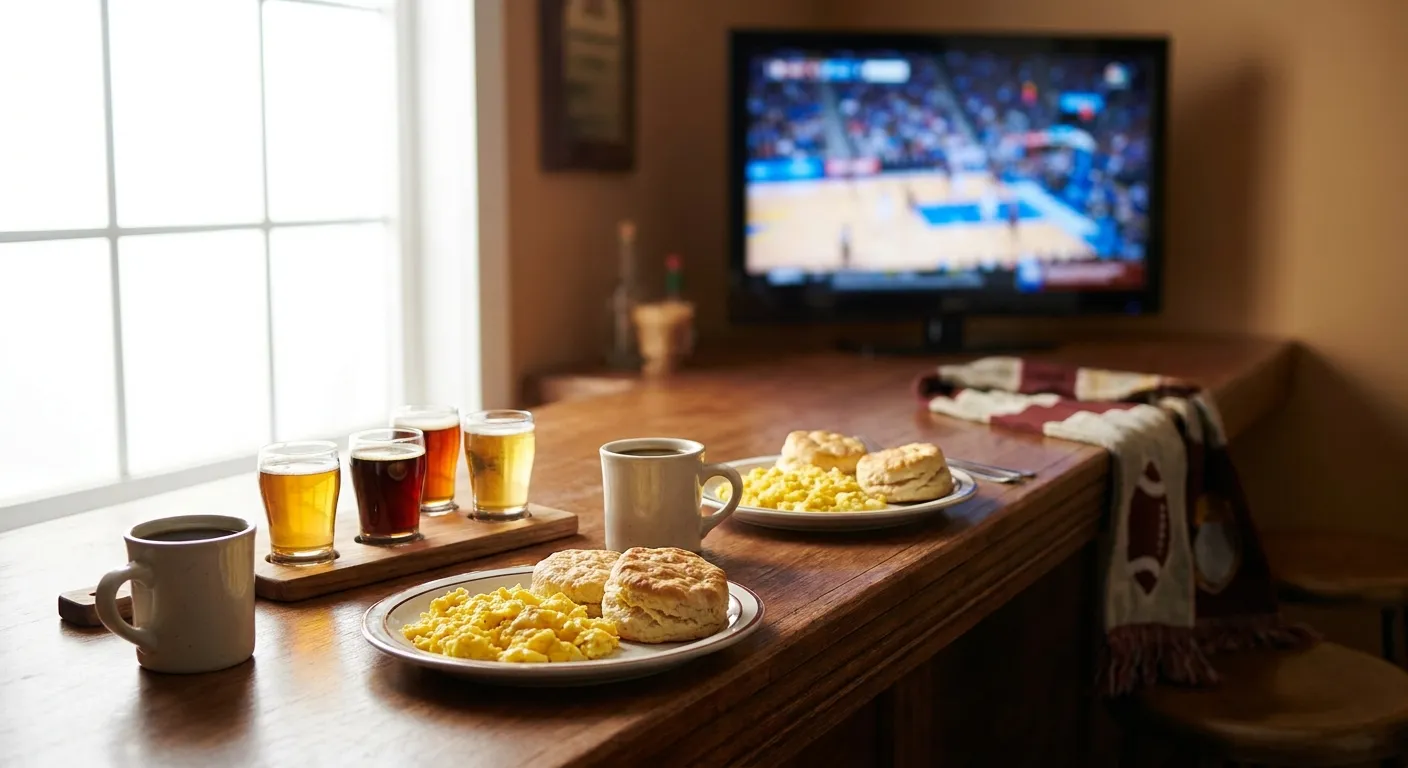 Breakfast plates and coffee beside beer flights on a wooden bar table during a morning game