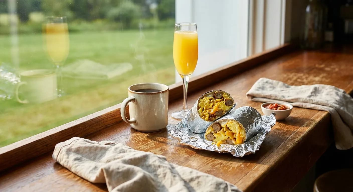 A breakfast burrito and coffee beside a mimosa on a sunny bar counter with a game reflected in the window