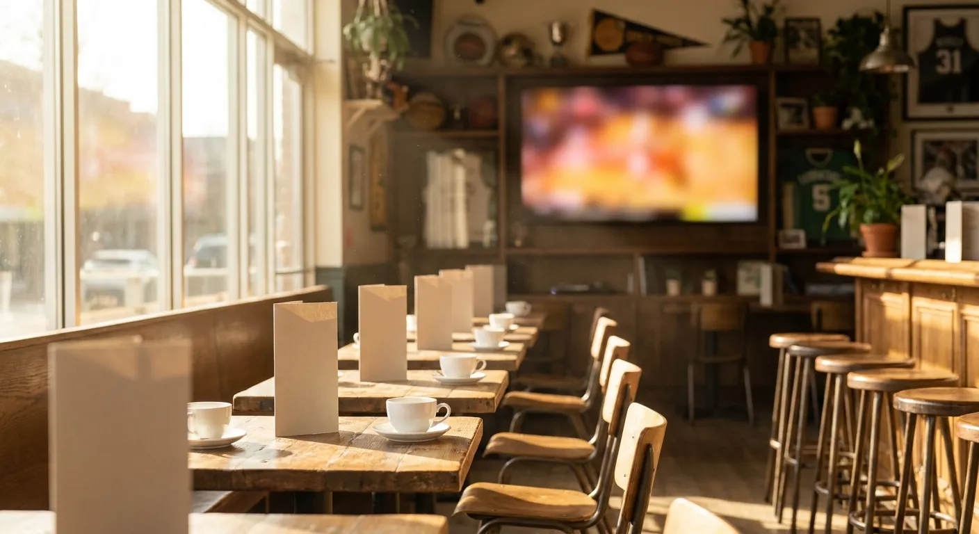 Sunny bar interior at morning with coffee cups and menus on tables and a glowing screen