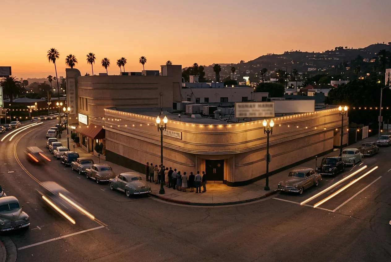 1940s Moderne nightclub facade on Sunset Boulevard lit at dusk with palm silhouettes overhead