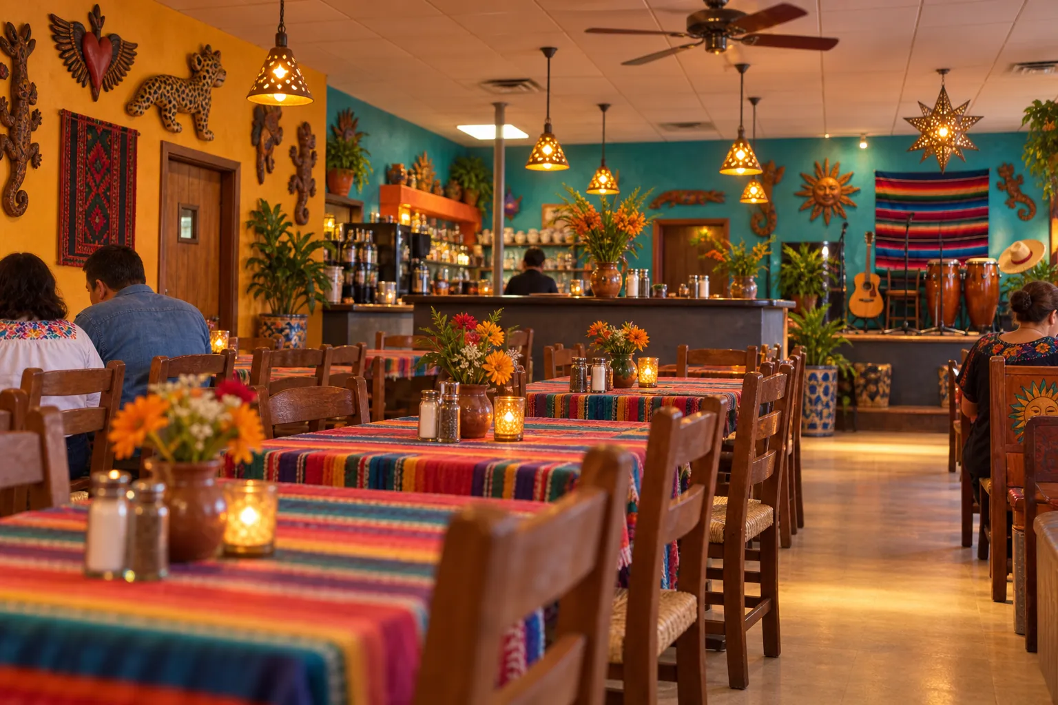 A large dining room with vividly painted walls, wooden tables and folk art