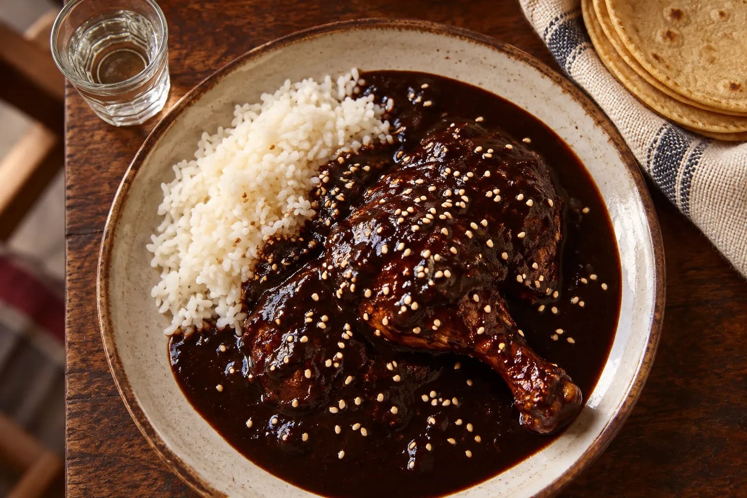 A plate of chicken under a dark glossy mole with sesame seeds and rice
