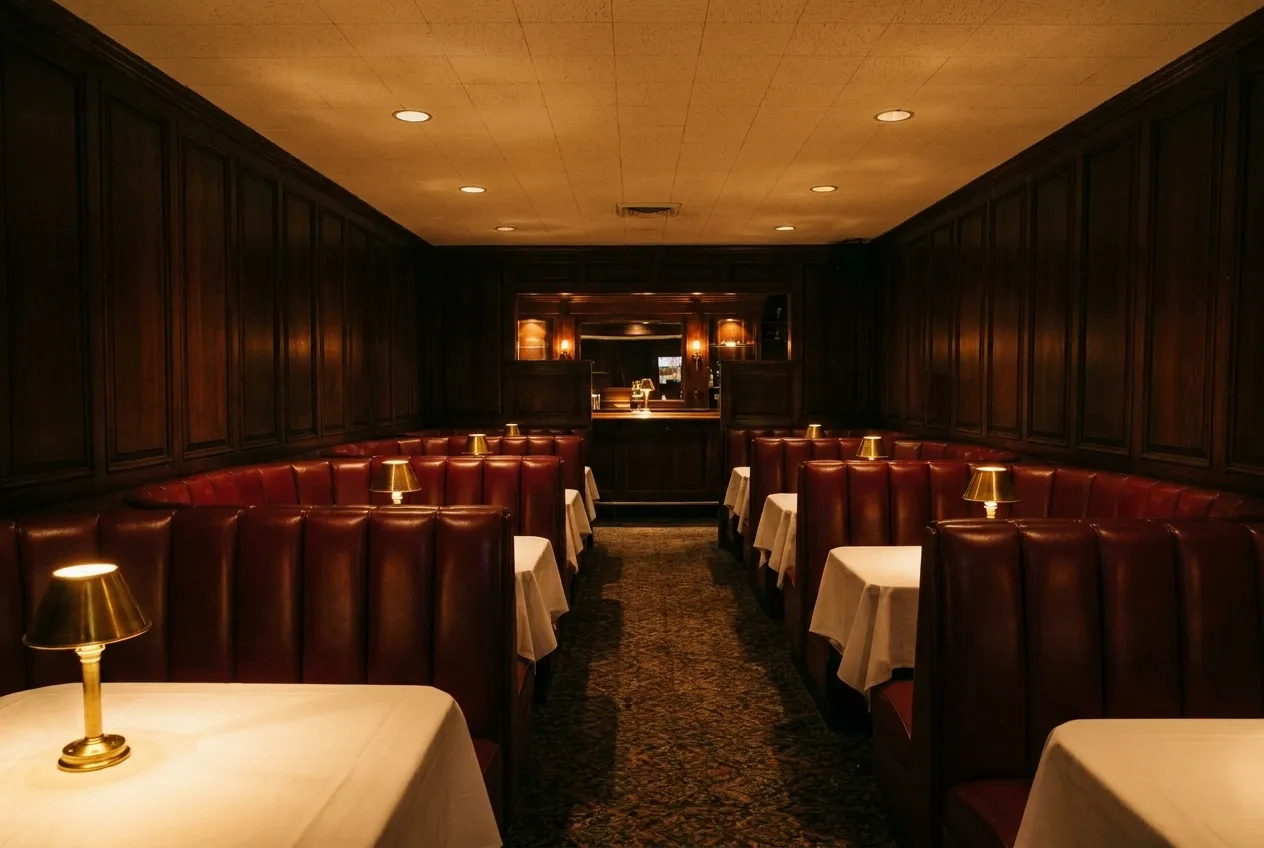 A dim steakhouse interior with red leather booths and low lamps