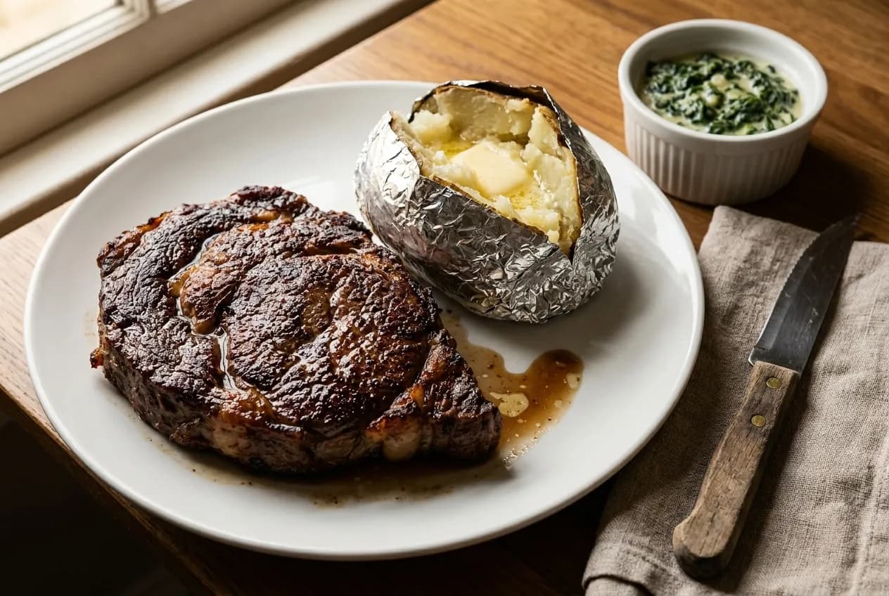 A thick cut steak on a plate with a baked potato