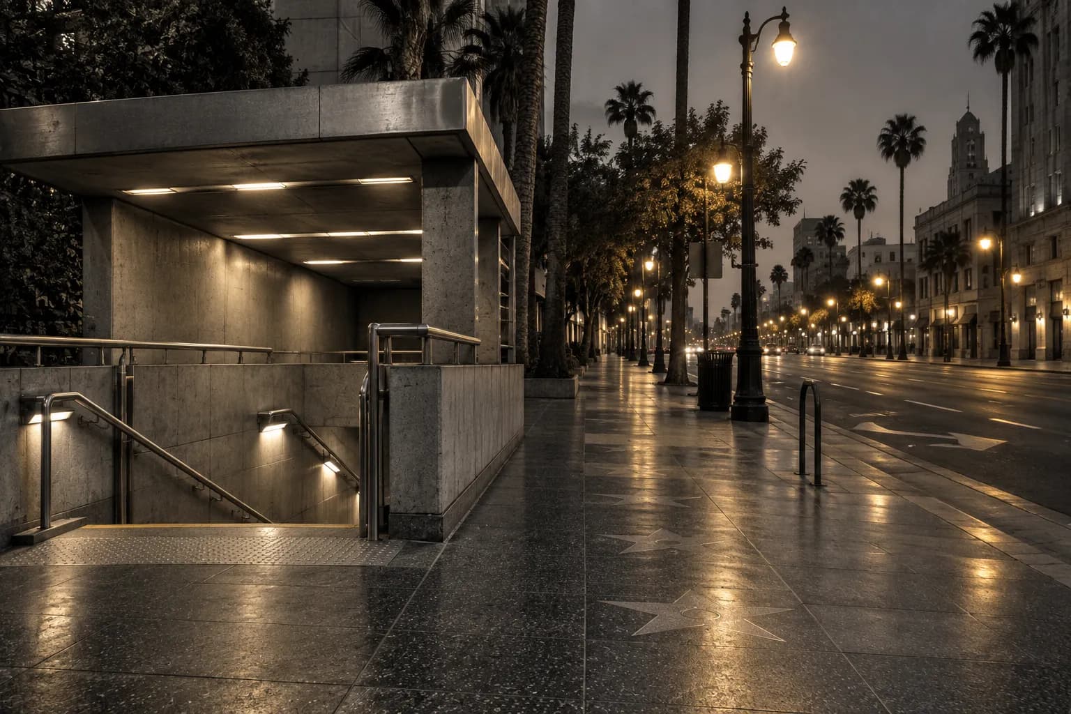 Street-level photograph near a Los Angeles Metro station, showing Hollywood Boulevard stretching east with pavement, transit infrastructure and evening lights in a restrained urban frame.