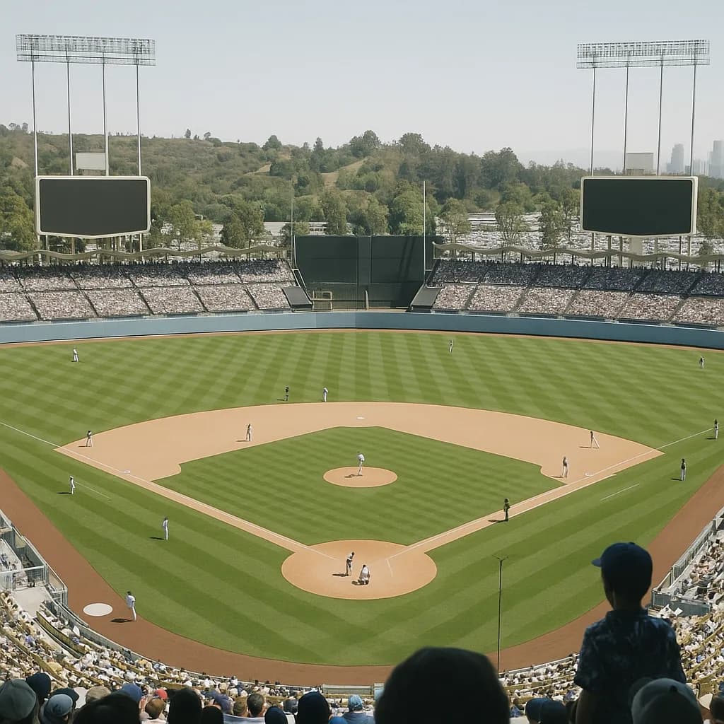 Dodger Stadium's grandstand and outfield under evening lights during a home game.