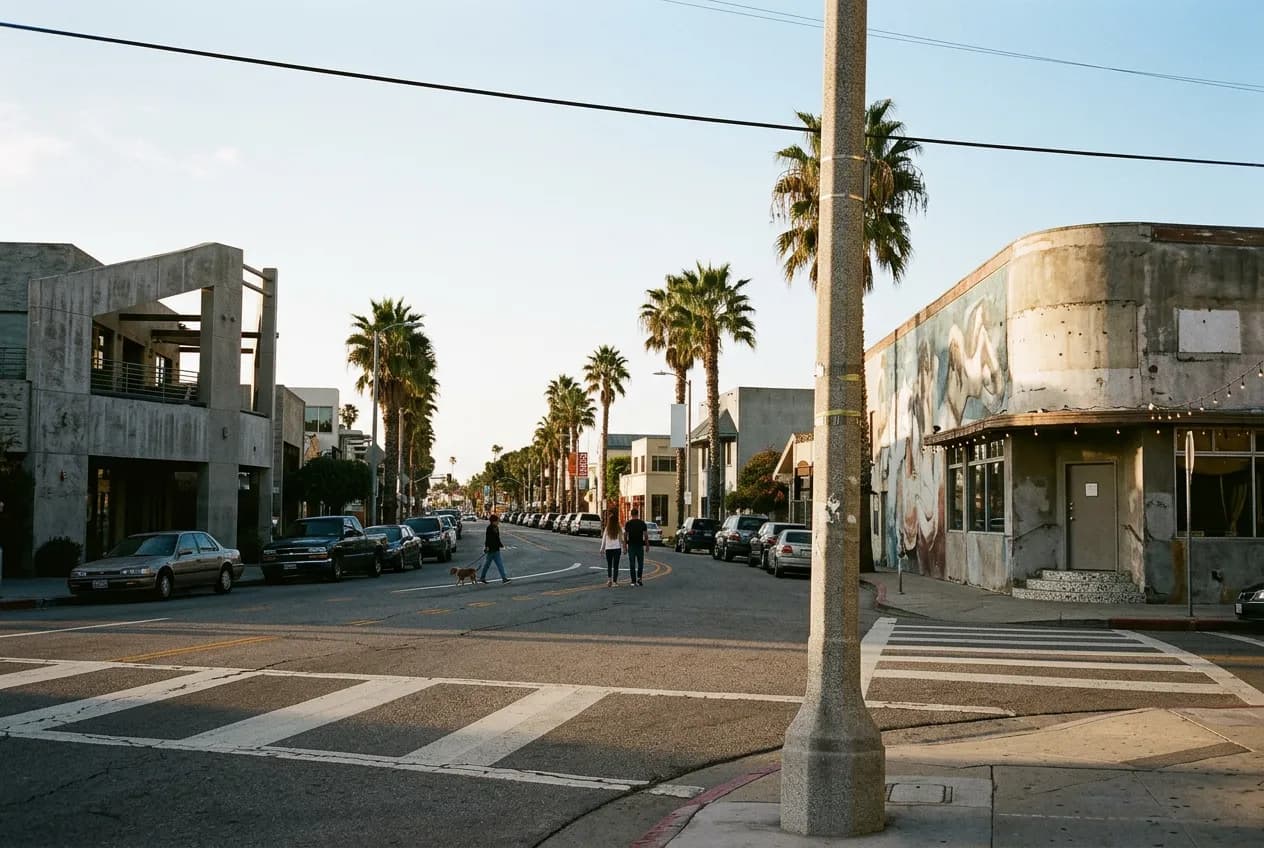 Historic Abbot Kinney corner storefront in Venice with terrazzo steps and afternoon light
