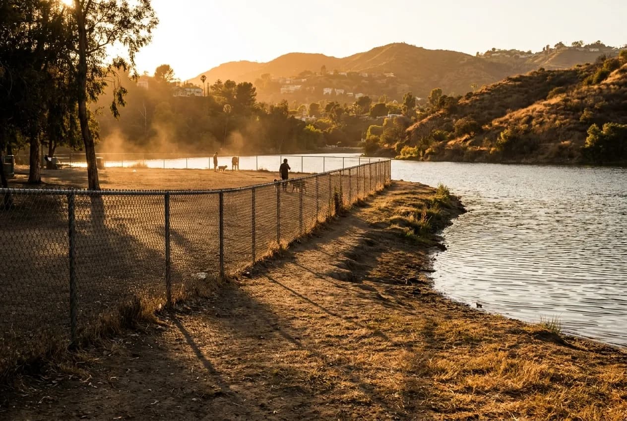 Silver Lake Dog Park fence line with reservoir and hills in background, late afternoon light