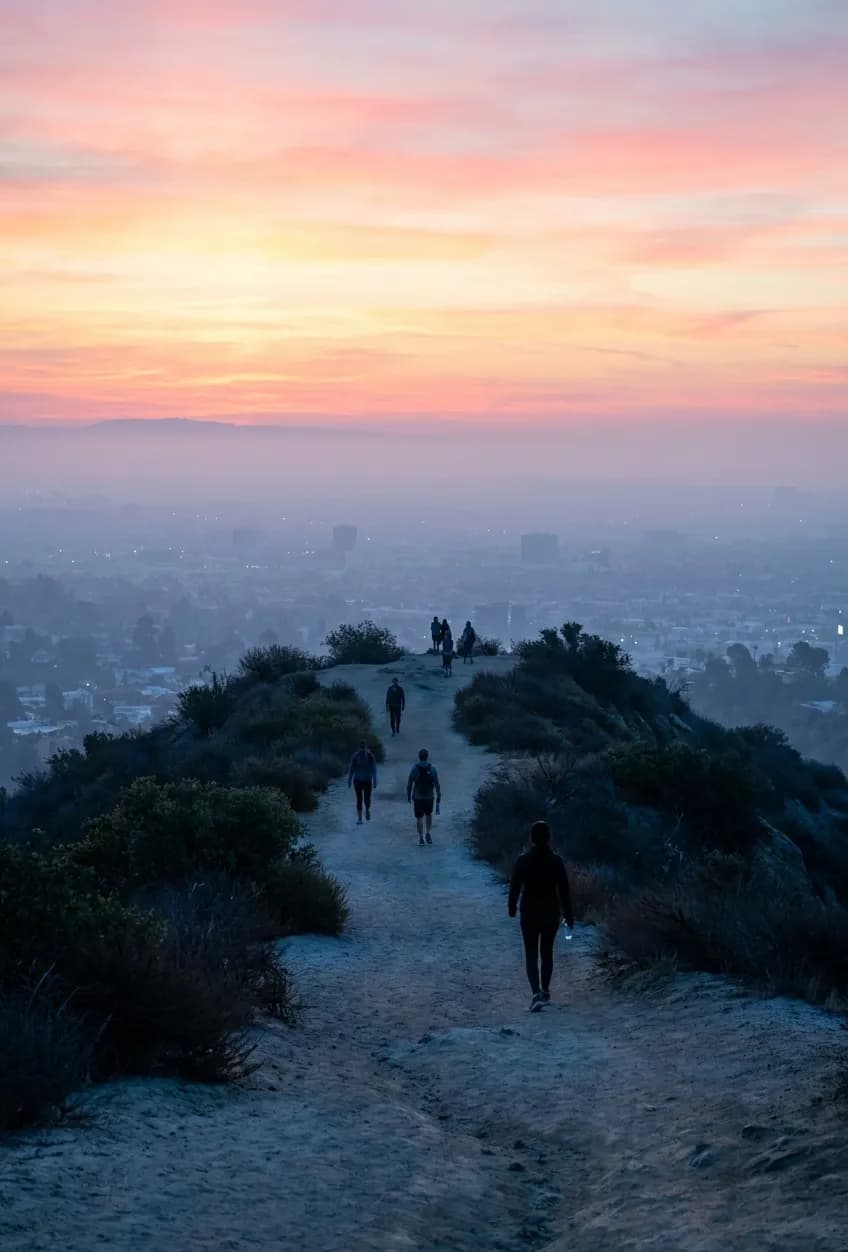 Runyon Canyon main trail at sunrise with city views and hiking path visible