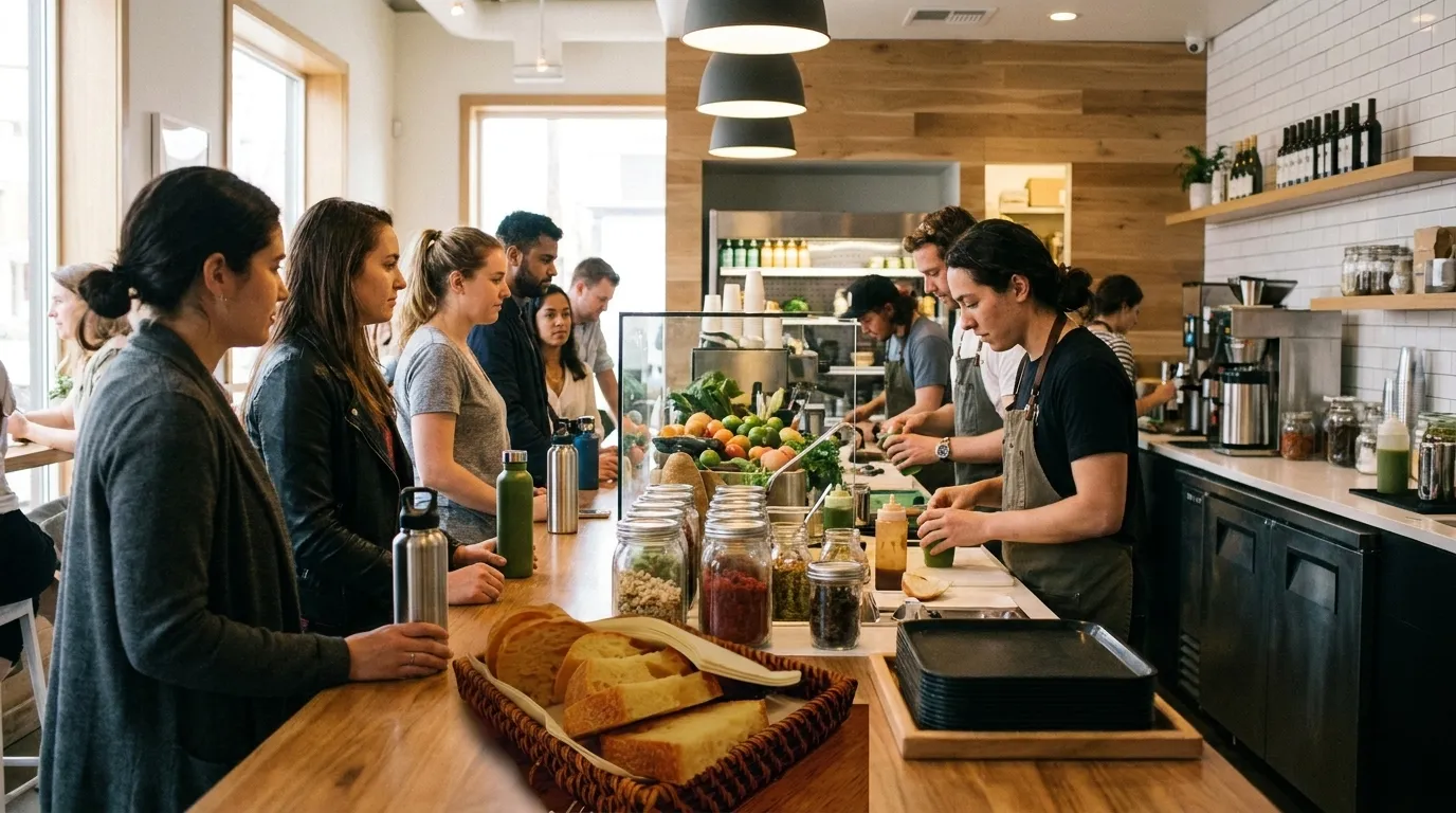 Rows of colorful smoothie cups lined up on the tonic bar counter at an Erewhon location.
