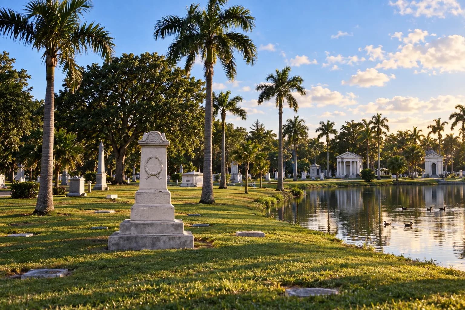 A cemetery lawn with palms, a still lake and pale stone monuments in afternoon light