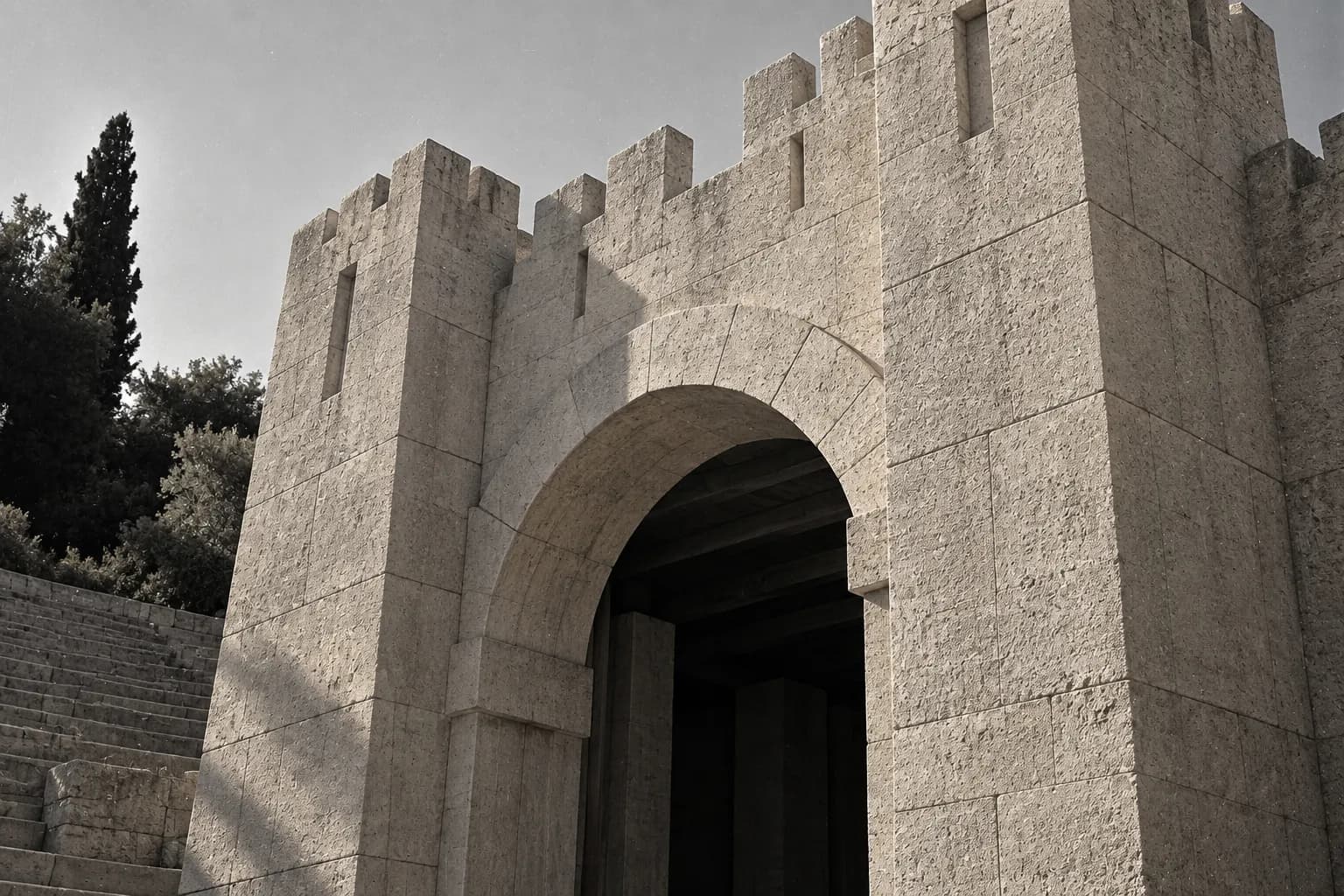 Close view of a concrete outdoor amphitheatre entrance shaped like architectural gates, with pale masonry, a dark stage opening and a hillside setting under soft daylight.