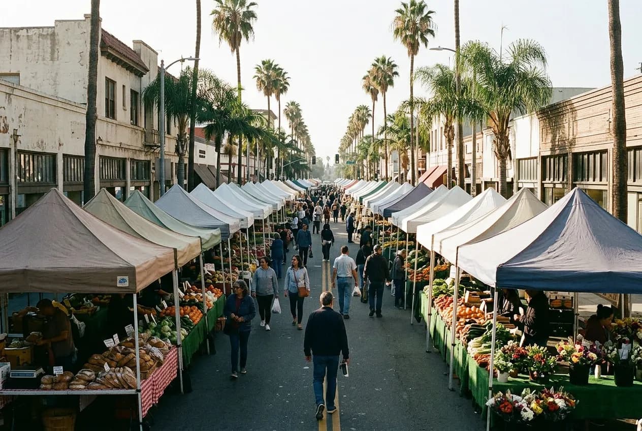 A closed Hollywood street lined with canvas market awnings on a Sunday morning, palm trees and low-rise storefronts behind.