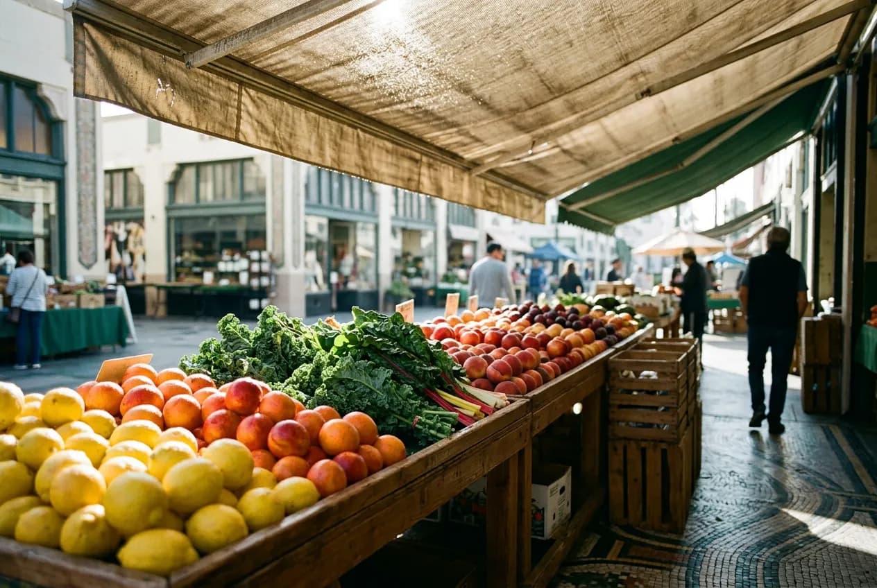 Close-up of a farmers market produce table piled with citrus and leafy greens under a canvas awning.