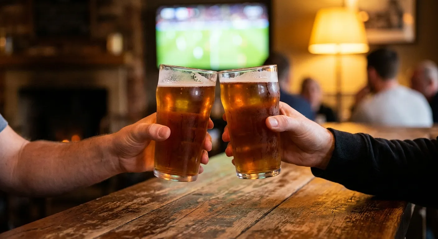 Two beers being clinked over a wooden table with a game glowing warmly in the background