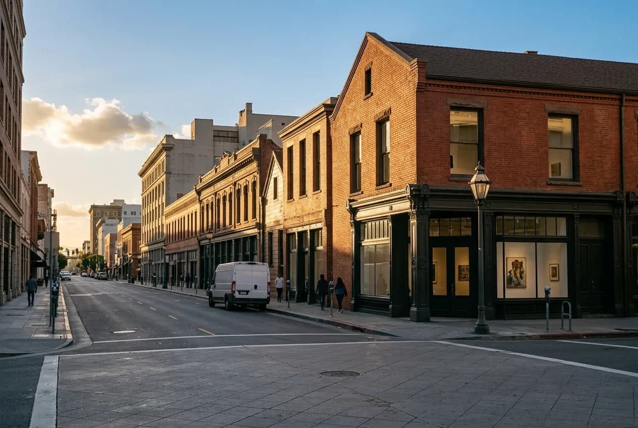 Historic storefronts and gallery windows along a Downtown Los Angeles street at dusk