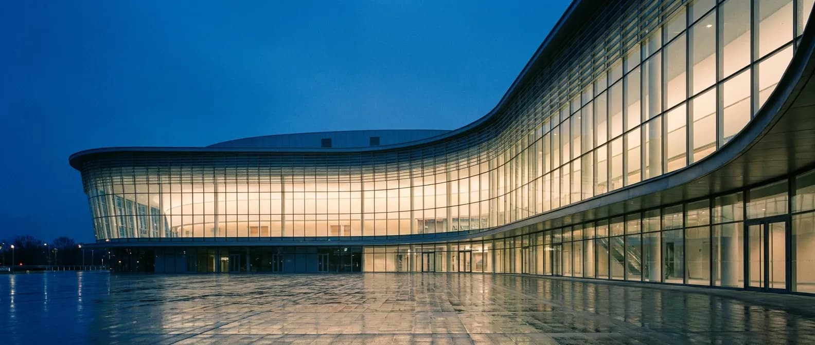 A modern glass stadium exterior at dusk with people-free plaza and glowing facade