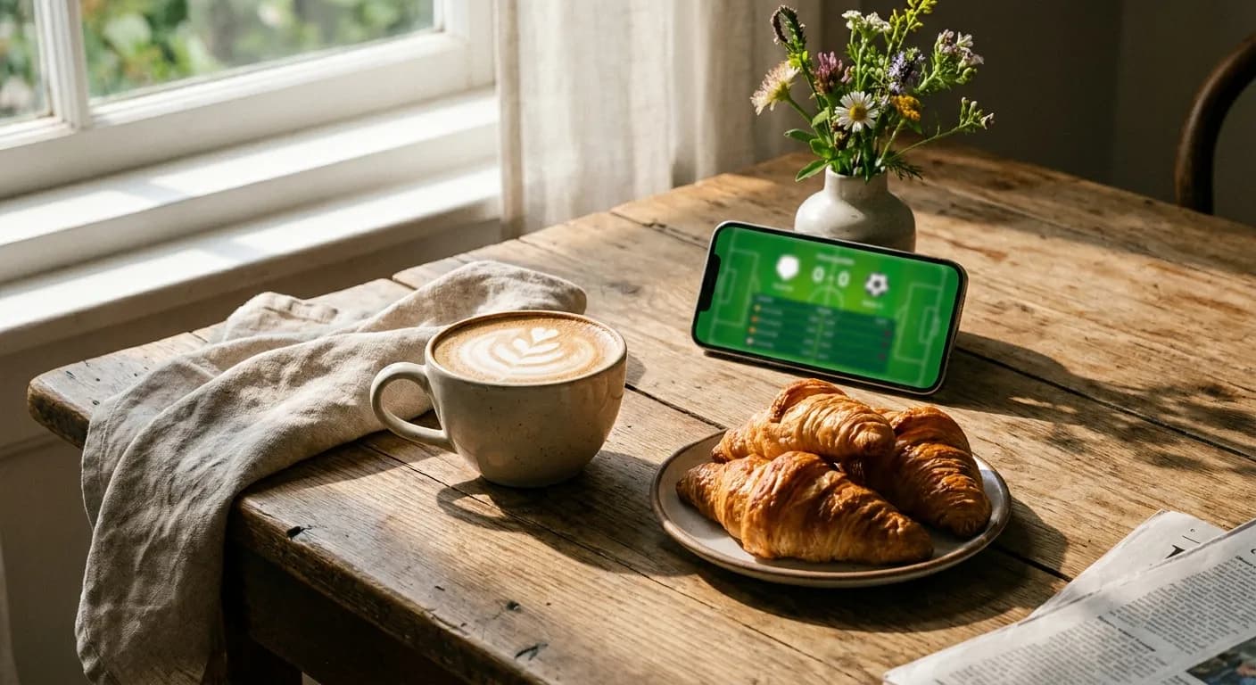 Brunch table with coffee and pastries beside a phone showing a soccer score in morning sun