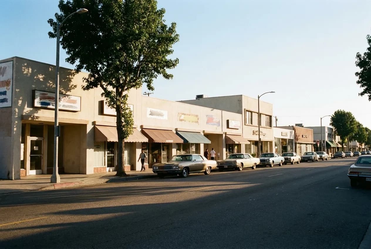 A low commercial block on West Main Street in Alhambra with shopfronts and parked cars in late afternoon light