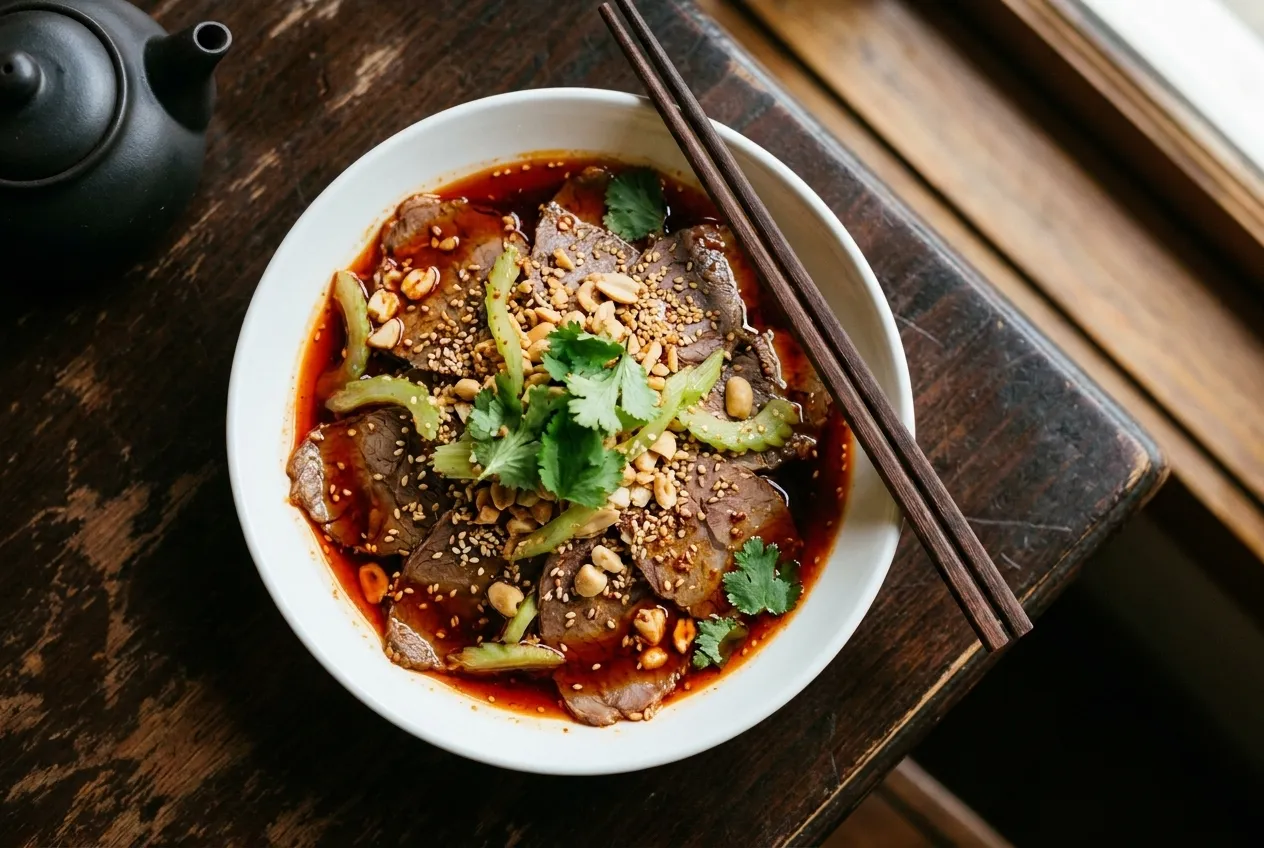Cold sliced beef in red chilli oil with celery and peanuts in a shallow white bowl