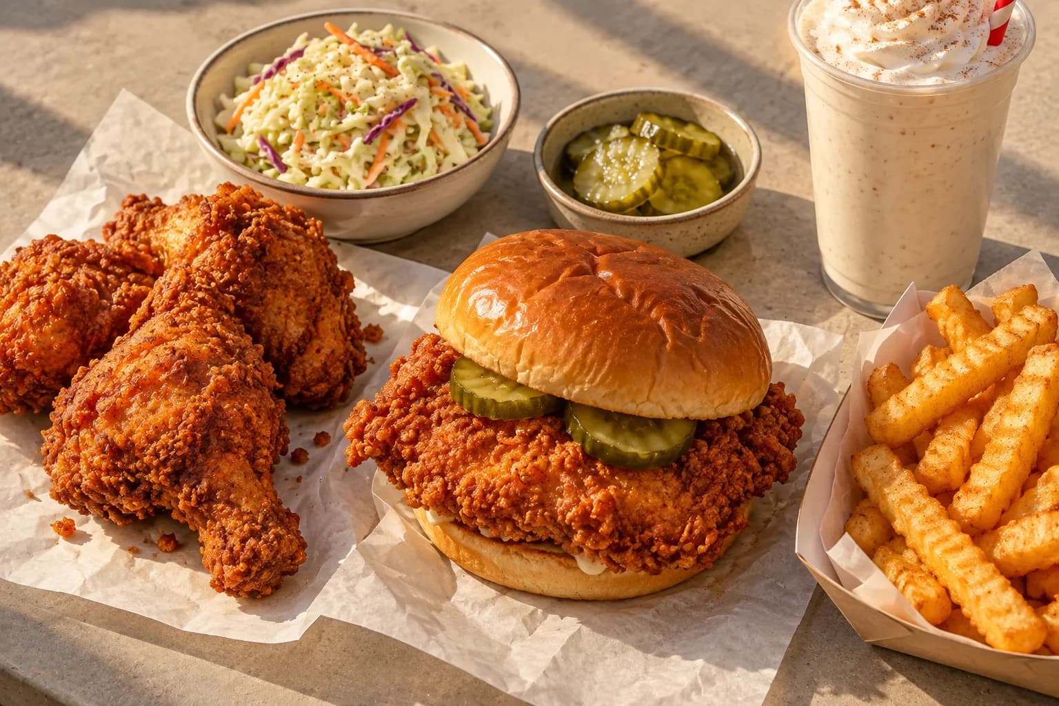 An overhead food still life showing fried chicken, a butter-bun sandwich, slaw, pickles and fries arranged on a table in warm red, brown and golden tones.
