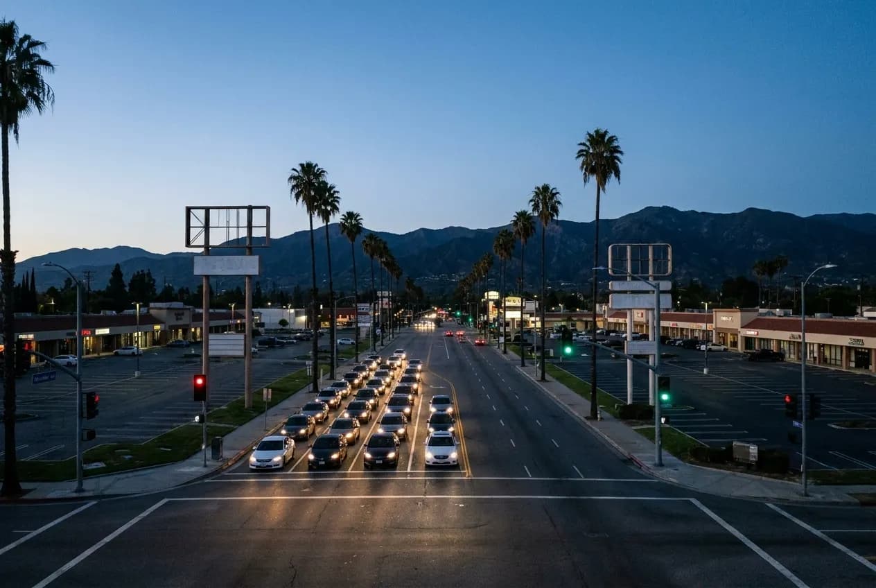 A wide suburban boulevard in the San Gabriel Valley lined with strip-mall restaurants and parking lots at dusk