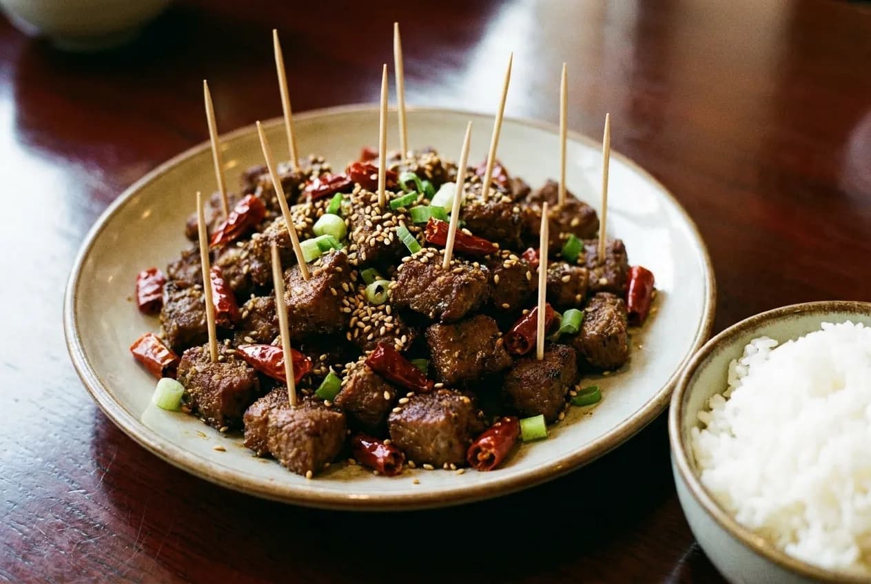 A plate of small cumin-crusted lamb pieces each pierced with a toothpick, scattered with dried chillies