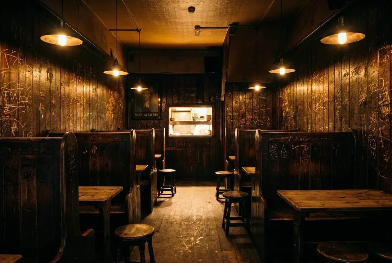 A dim wood-panelled bar interior with narrow booths and low hanging lamps