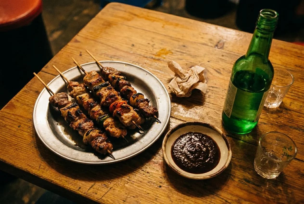A plate of grilled skewers with a green bottle and small glasses on a wooden table