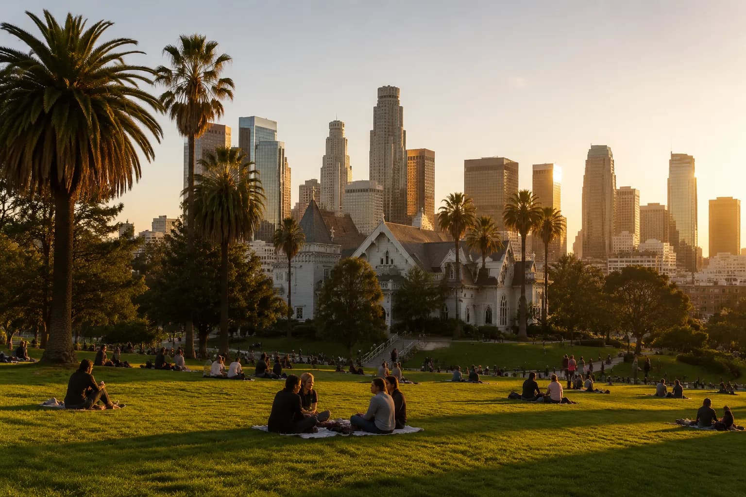 Grand Park lawn with Downtown Los Angeles skyline in late afternoon light