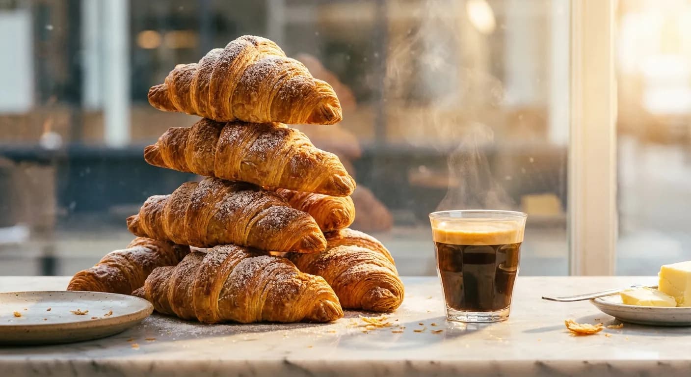 Golden croissants and espresso on a bakery counter with morning light through the window
