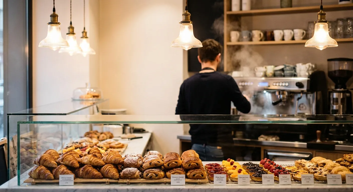 A bakery case filled with pastries and a barista pulling espresso behind the counter