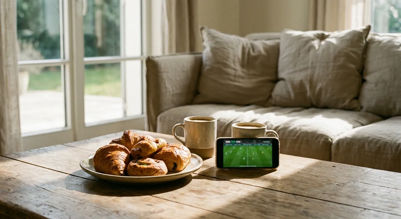 A couch-side spread of pastries, coffee and a phone showing a soccer lineup in morning sun
