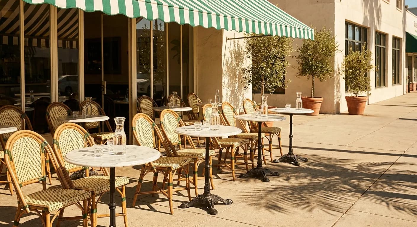 A French-style cafe terrace with rattan chairs and a striped awning in LA sunshine