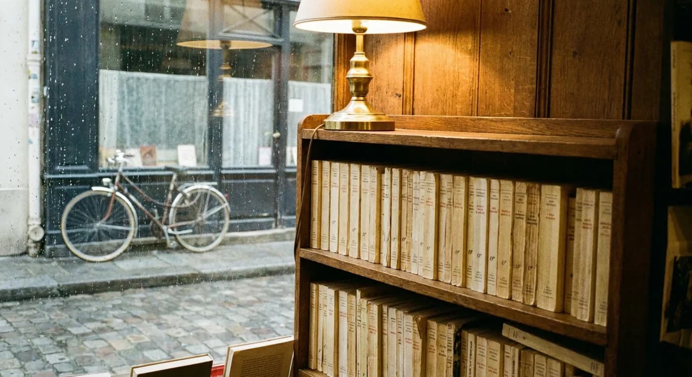 A bookshop shelf of French paperbacks with a bicycle visible through the window