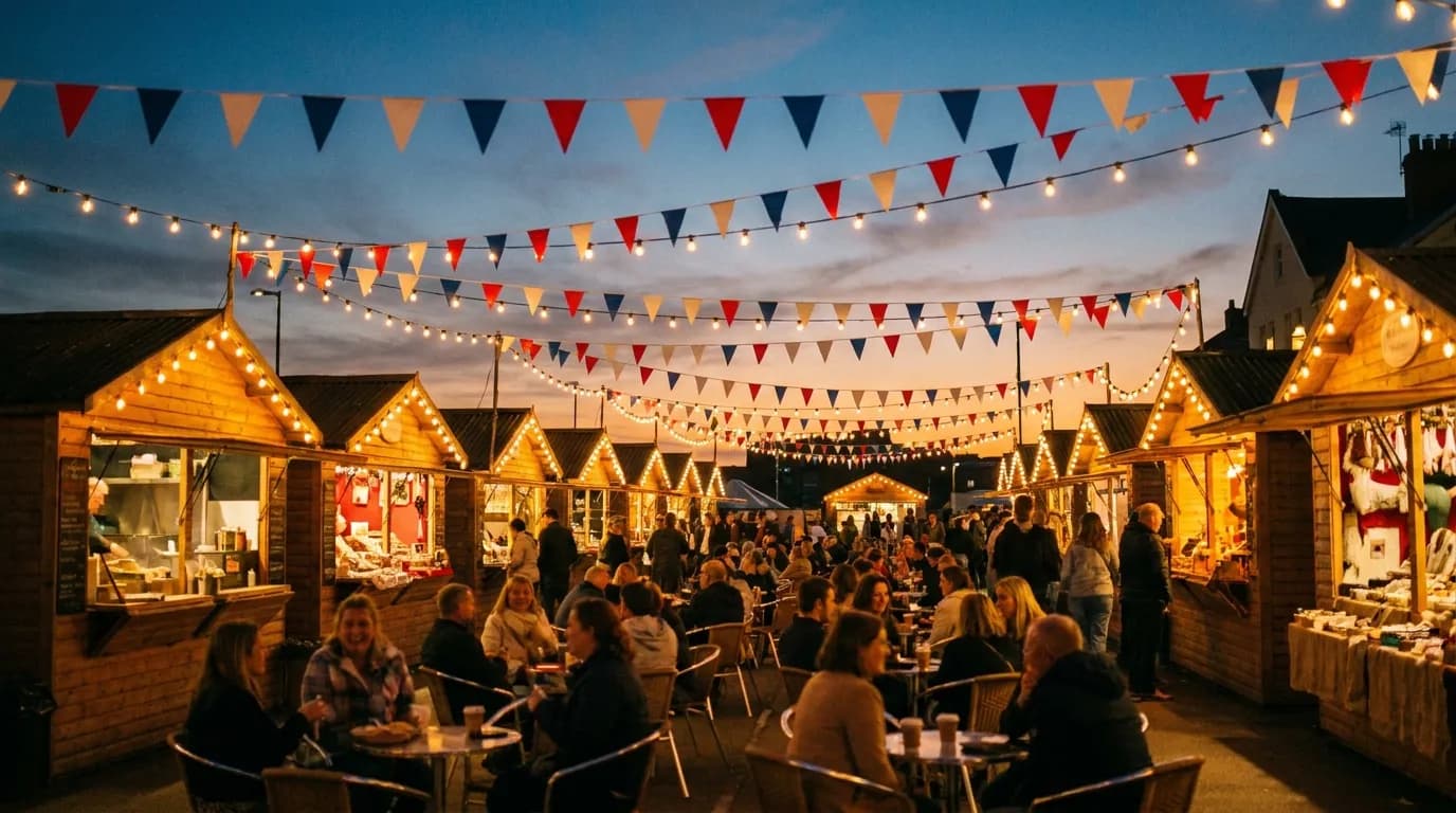 String lights and tricolor bunting over a festive outdoor market at dusk
