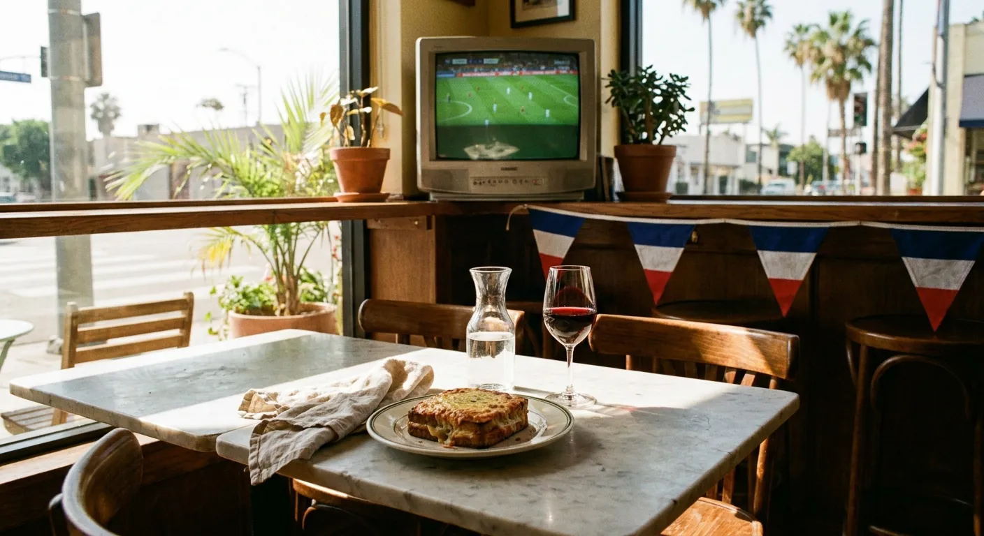 French bistro corner table with a croque-monsieur, carafe, and glass of wine, with a small TV showing a soccer pitch behind the bar