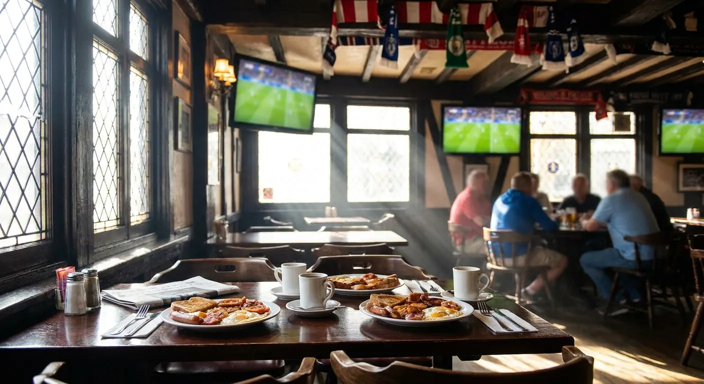 Sunlit British-style pub interior in the morning with full English breakfast plates and soccer playing on wall screens