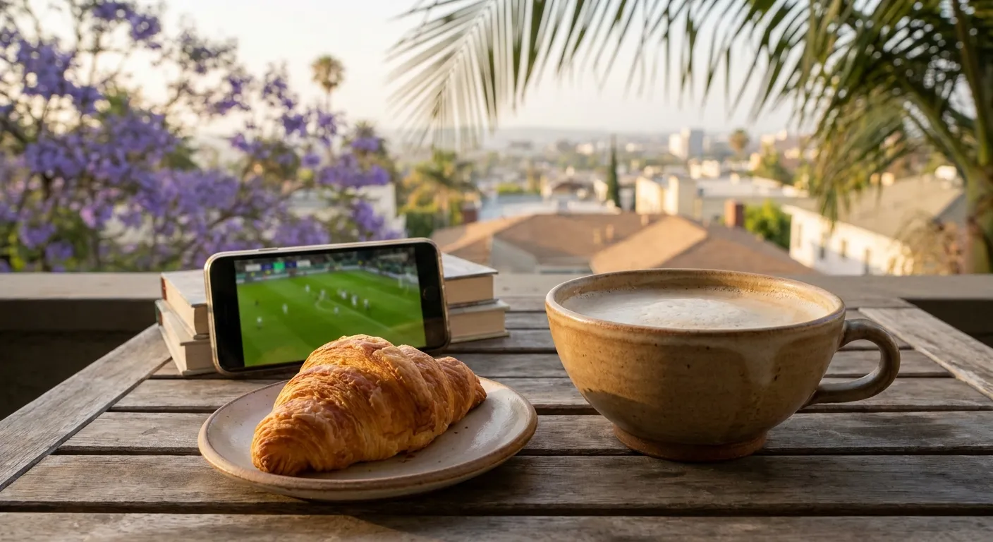 Morning balcony table in Los Angeles with a croissant, a bowl of cafe au lait, and a phone propped up showing a soccer match