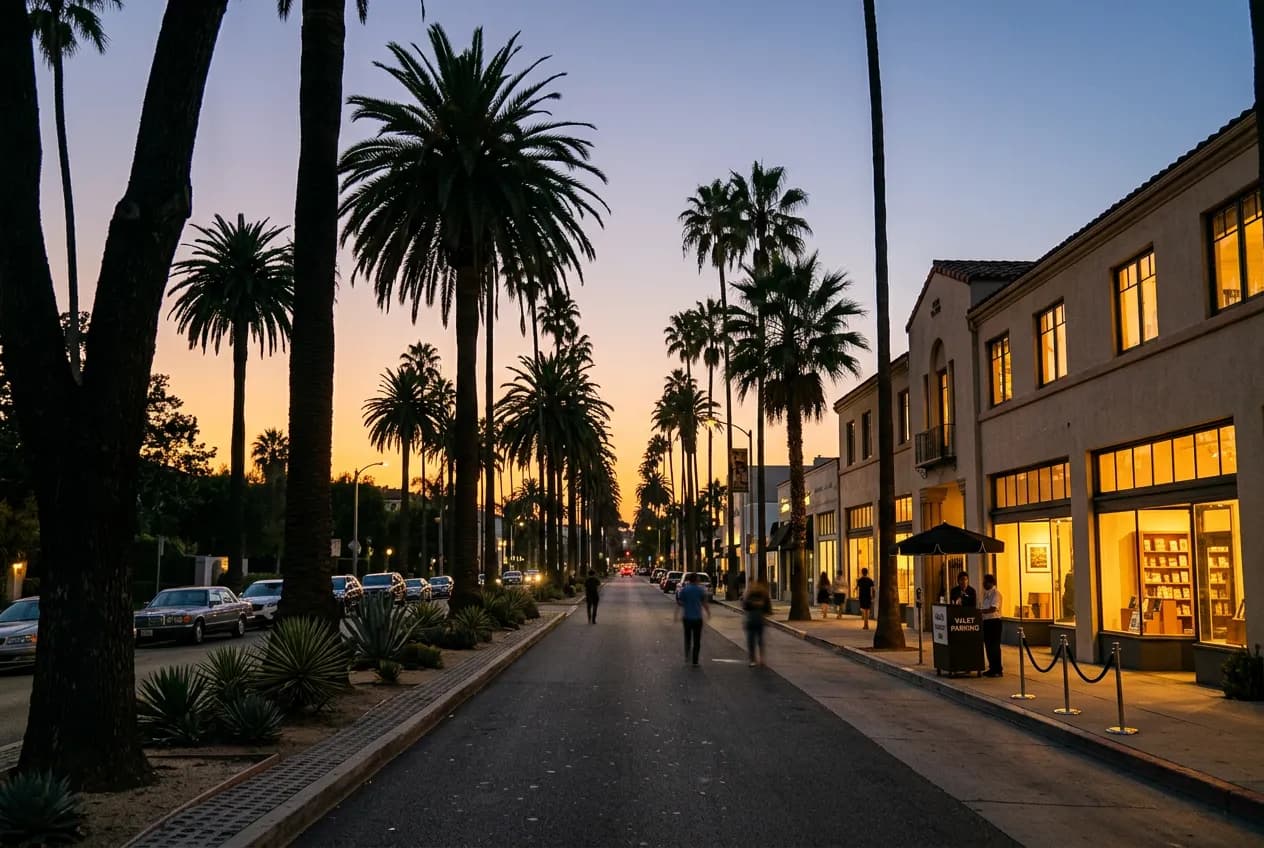 A Hollywood street at dusk with palm trees and low-rise storefronts near a valet stand, no signage visible.