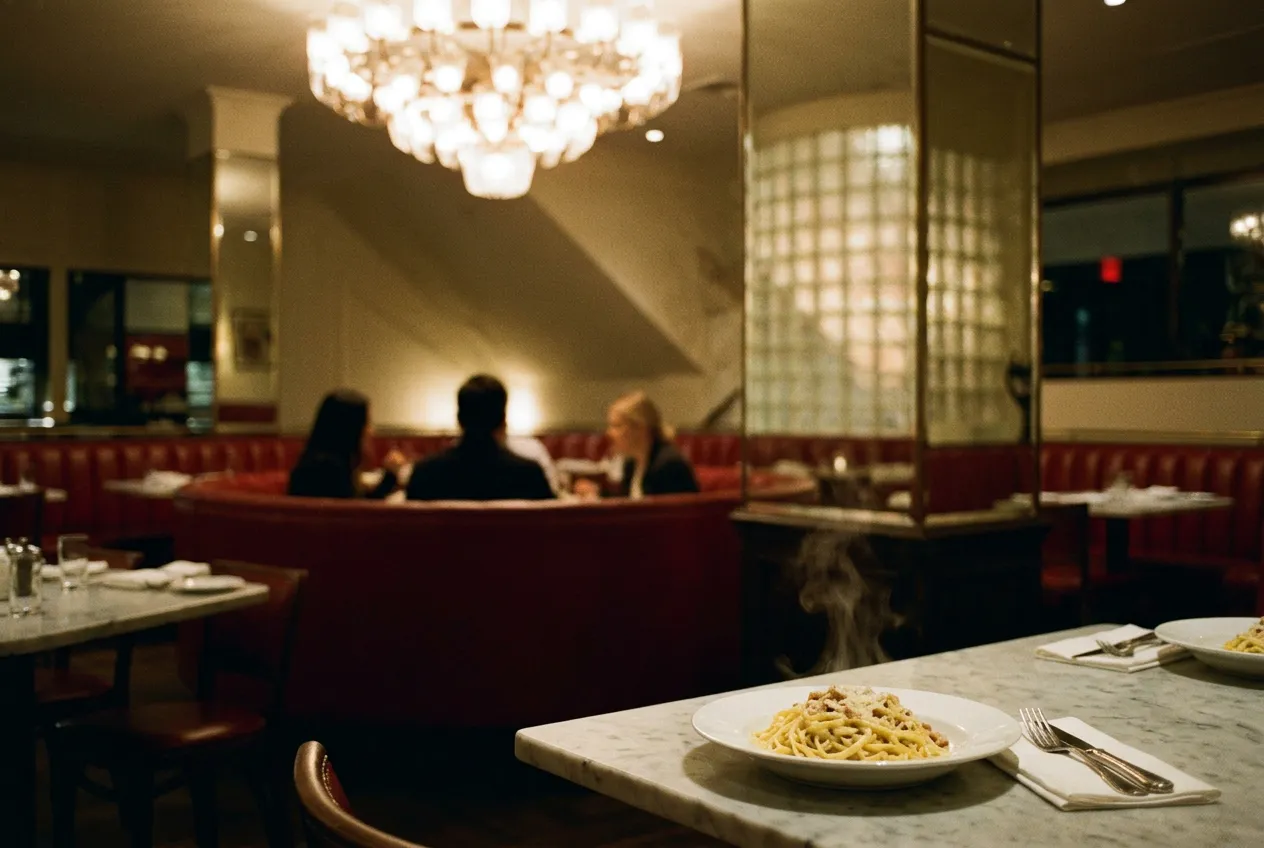 A dimly lit restaurant interior with mirrored columns, chandelier light, and a plate of pasta on a marble table.