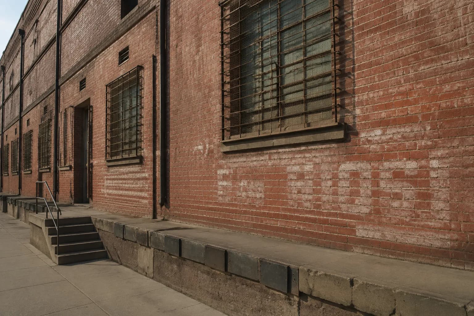 Brick warehouse exterior in Los Angeles Arts District with afternoon light and faded painted signage