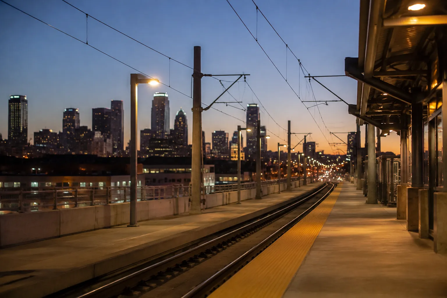 Gold Line Metro platform in Los Angeles at dusk with downtown skyline in background