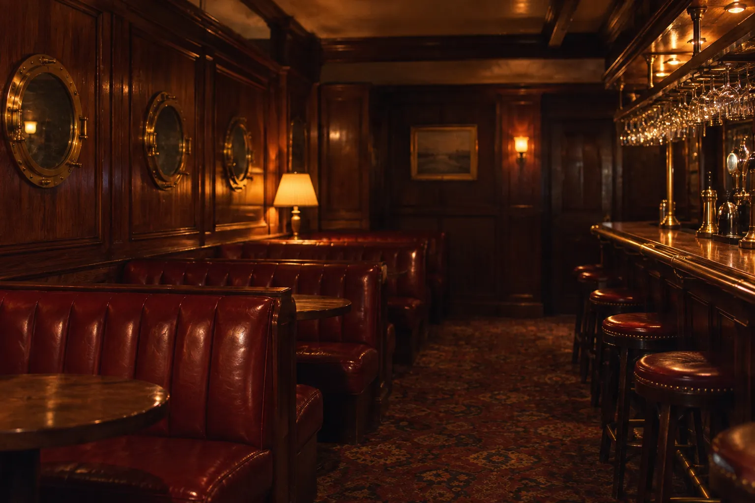 A dim wood-panelled bar interior with red vinyl booths, brass porthole fittings on the wall and a row of glasses catching low amber light above the counter