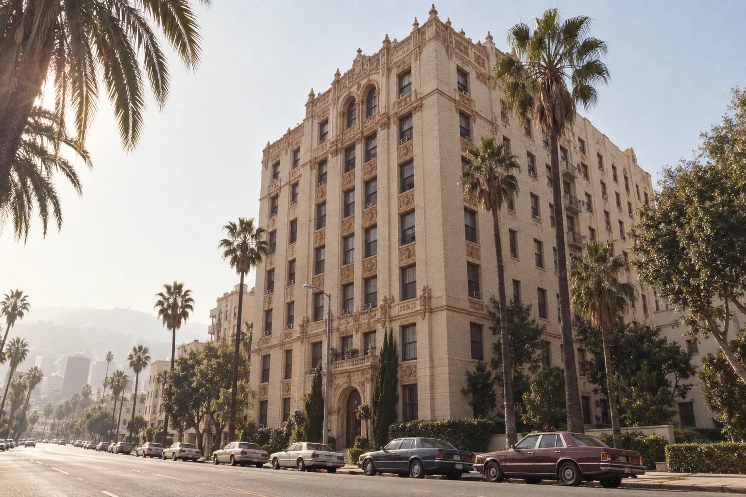 A tall 1920s apartment building of pale brick and terracotta detail rising above a wide Los Angeles boulevard under a bleached afternoon sky