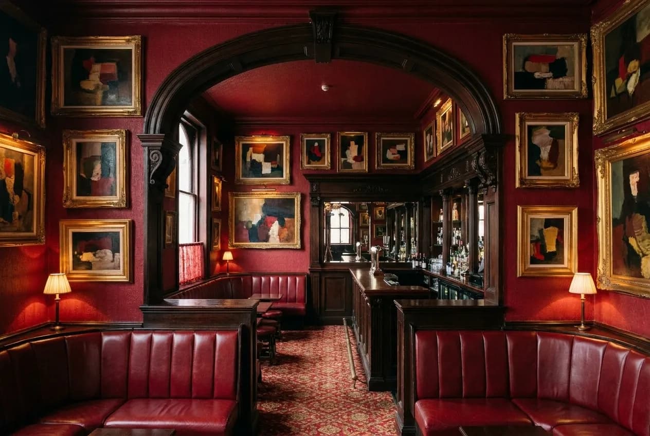 A deep red bar interior with leather banquettes and oil paintings