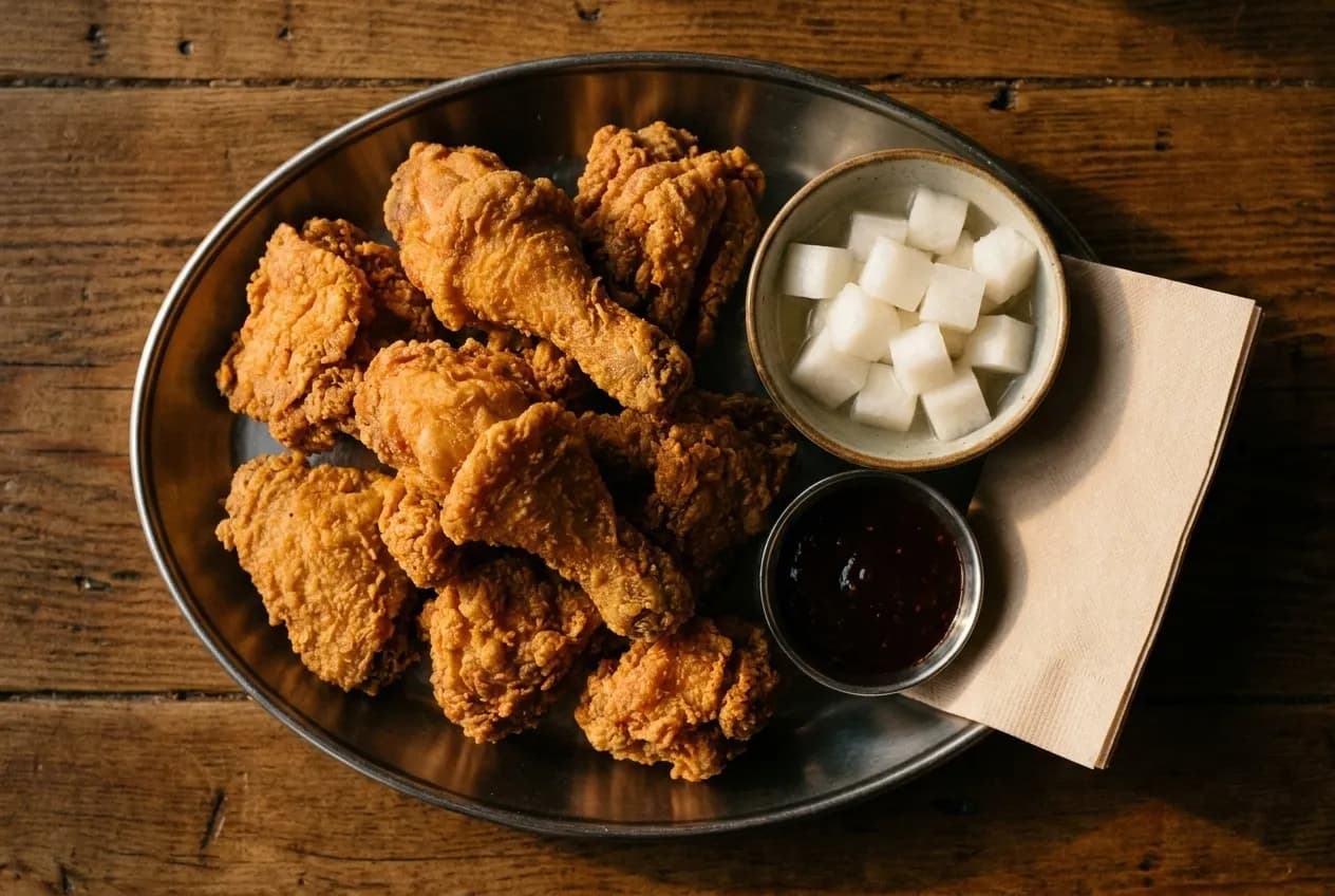 A platter of Korean fried chicken pieces with pickled radish