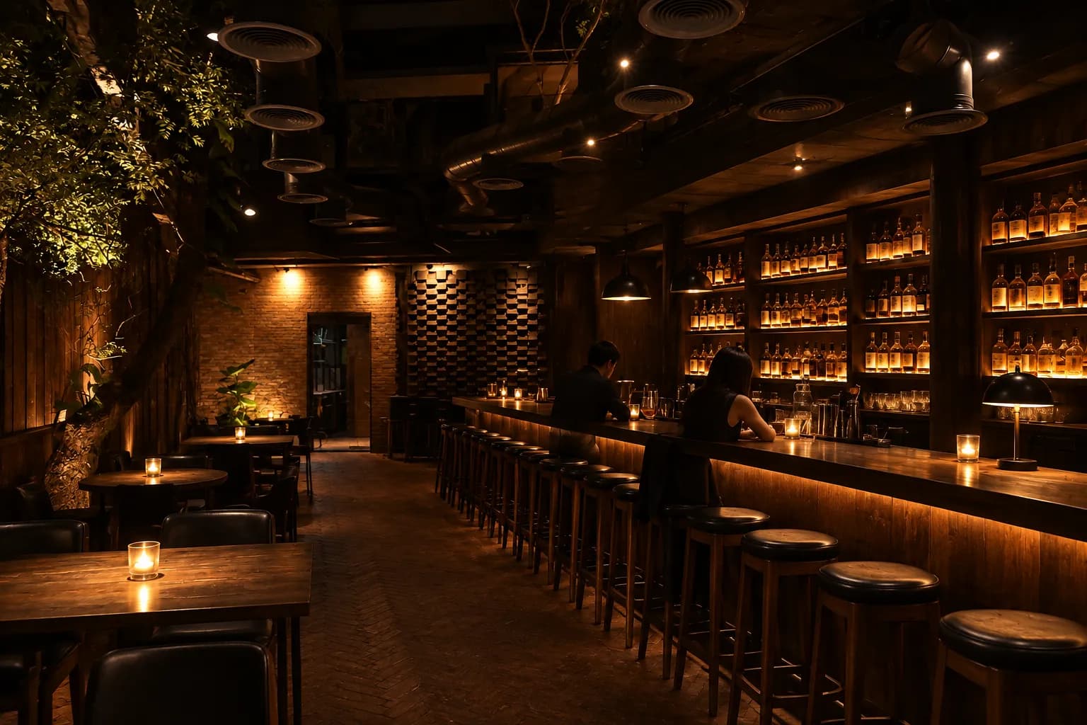 A dark wood-lined bar with shelves of whisky bottles and a dozen stools along the counter