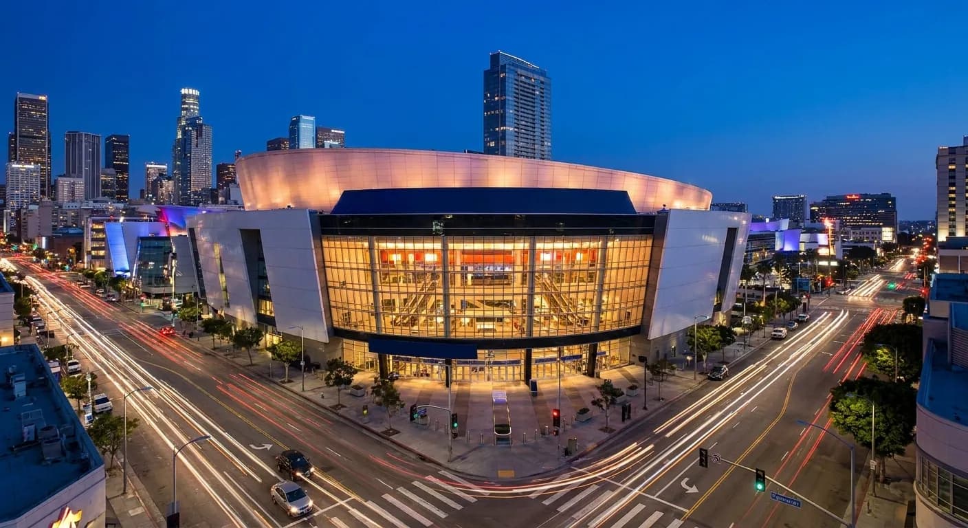 Crypto.com Arena illuminated at night in downtown Los Angeles with surrounding streetlights and urban architecture