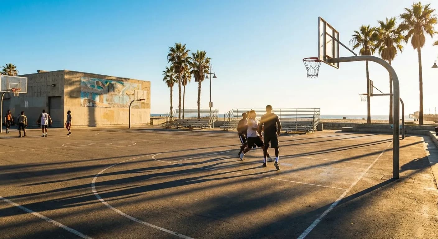 Outdoor basketball courts at Venice Beach with ocean visible in background and chain-net hoops under California sun